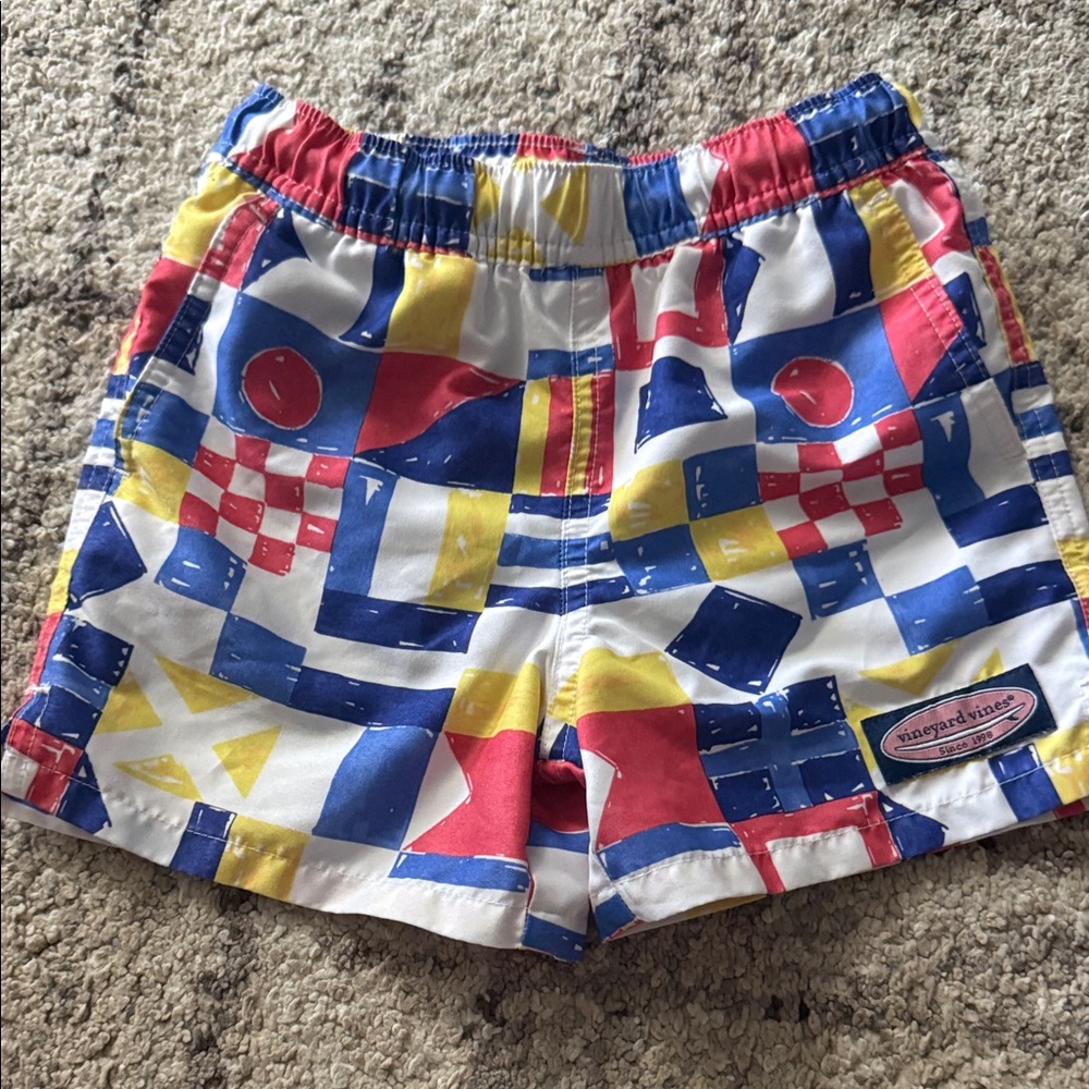 Vineyard Vines Kids Nautical Signal-Print Swim Trunks in Blue, Red & Yellow